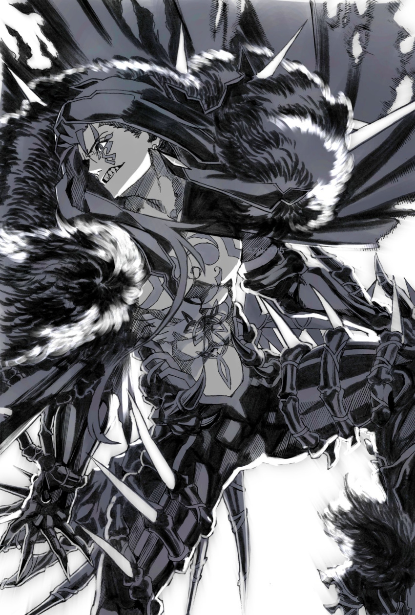 1boy abs bodypaint cape claws closed_mouth cu_chulainn_(fate)_(all) cu_chulainn_(fate/grand_order) dark_persona earrings elbow_gloves facepaint fate/grand_order fate_(series) food fur-trimmed_cape fur_trim gloves grin highres hood hood_up jerky jerky_(zaki0015) jewelry long_hair looking_to_the_side male_focus monochrome muscular sharp_teeth shirtless skin_tight smile solo spikes spread_legs teeth type-moon