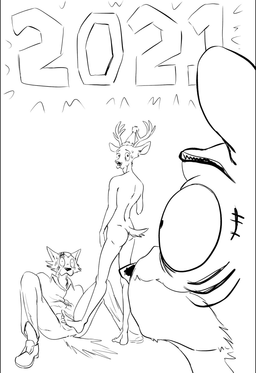 2021 anthro anthro_on_anthro antlers beastars big_eyes bill_(beastars) black_and_white bottomwear butt canid canine canis caught cervid clothed clothing dot_eyes dress_shirt felid ffog foot_on_crotch footwear group hat headgear headwear hi_res holidays horn humor legoshi_(beastars) looking_back louis_(beastars) male male/male mammal monochrome new_year nude number pantherine pants party_hat scar shirt shoes sitting standing surprise tiger topwear wide_eyed wolf