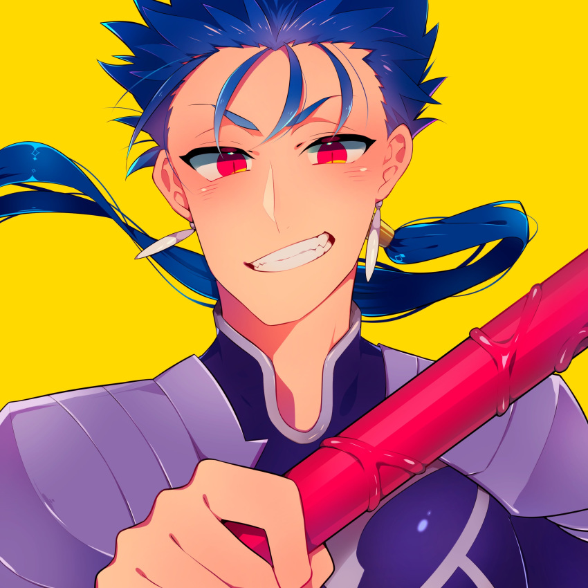 1boy absurdres armor beriko_(cr_beriko) blue_hair close-up cu_chulainn_(fate)_(all) earrings fang fate/stay_night fate_(series) floating_hair gae_bolg grin highres holding holding_polearm holding_weapon jewelry lancer long_hair looking_at_viewer male_focus pauldrons polearm ponytail red_eyes shoulder_armor simple_background slit_pupils smile solo spiked_hair type-moon weapon yellow_background