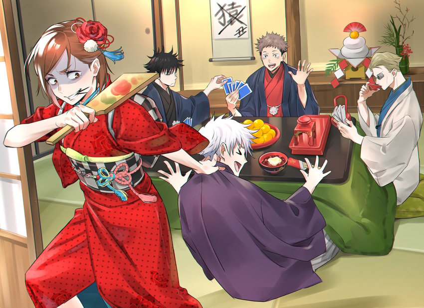 1girl 4boys alternate_costume alternate_hairstyle angry annoyed architecture black_hair blonde_hair brown_eyes brown_hair card cst dragging east_asian_architecture flower food frown fruit fushiguro_megumi gojou_satoru hair_flower hair_ornament hanetsuki haori happy highres indoors itadori_yuuji japanese_clothes jujutsu_kaisen kagami_mochi kimono kotatsu kugisaki_nobara light_brown_hair mandarin_orange mouth_hold multiple_boys nail nanami_kento new_year obi orange_hair playing_card red_kimono sanbou sash short_hair sitting smile spiked_hair table tasuki teacher_and_student undercut white_hair