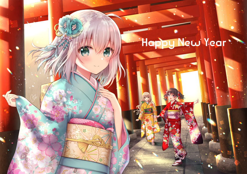 3girls :d ahoge bangs black_hair blue_flower blue_kimono blue_nails blush brown_eyes brown_footwear brown_hair closed_mouth commentary_request day eyebrows_visible_through_hair floral_print flower green_eyes hair_between_eyes hair_flower hair_ornament happy_new_year highres japanese_clothes kimono long_hair long_sleeves multiple_girls multiple_torii nail_polish nengajou new_year obi open_mouth original outdoors outstretched_arm print_kimono purple_eyes red_kimono sash sato_ame silver_hair smile socks standing standing_on_one_leg tabi very_long_hair white_legwear wide_sleeves yellow_kimono zouri