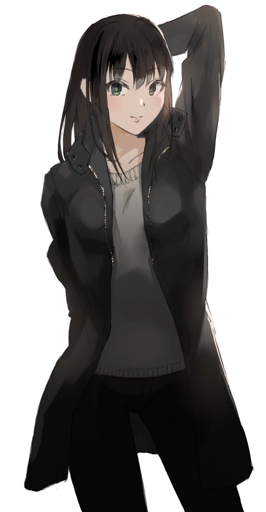 1girl absurdres black_hair collarbone green_eyes hand_on_head highres idolmaster idolmaster_cinderella_girls idolmaster_cinderella_girls_starlight_stage jacket k_concord long_hair long_sleeves pants shibuya_rin simple_background smile solo white_background