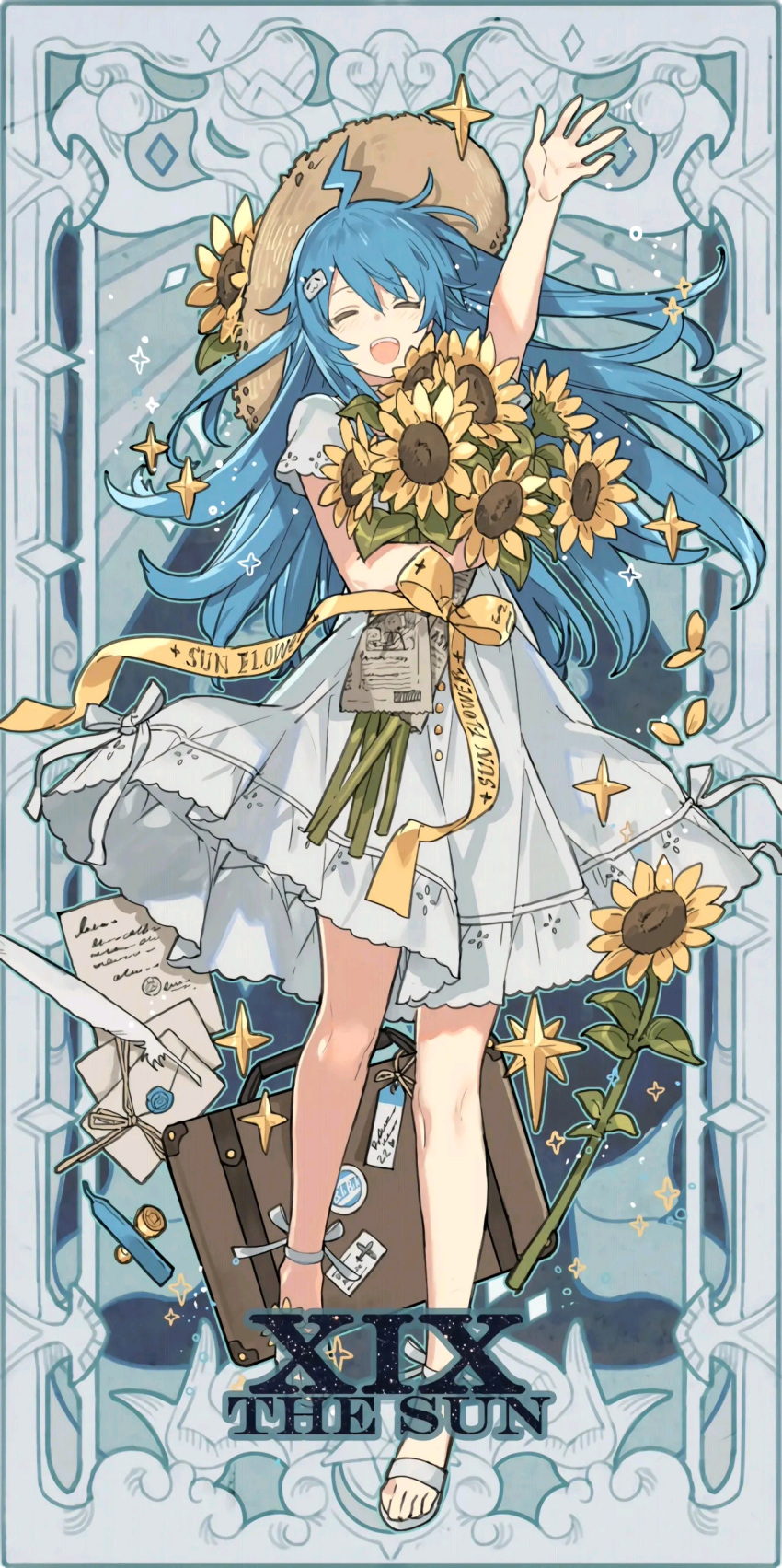 1girl absurdres ahoge aqua_hair bangs bili_girl_22 bilibili_douga full_body hair_ornament highres long_hair red_eyes solo standing tarot the_sun_(tarot)