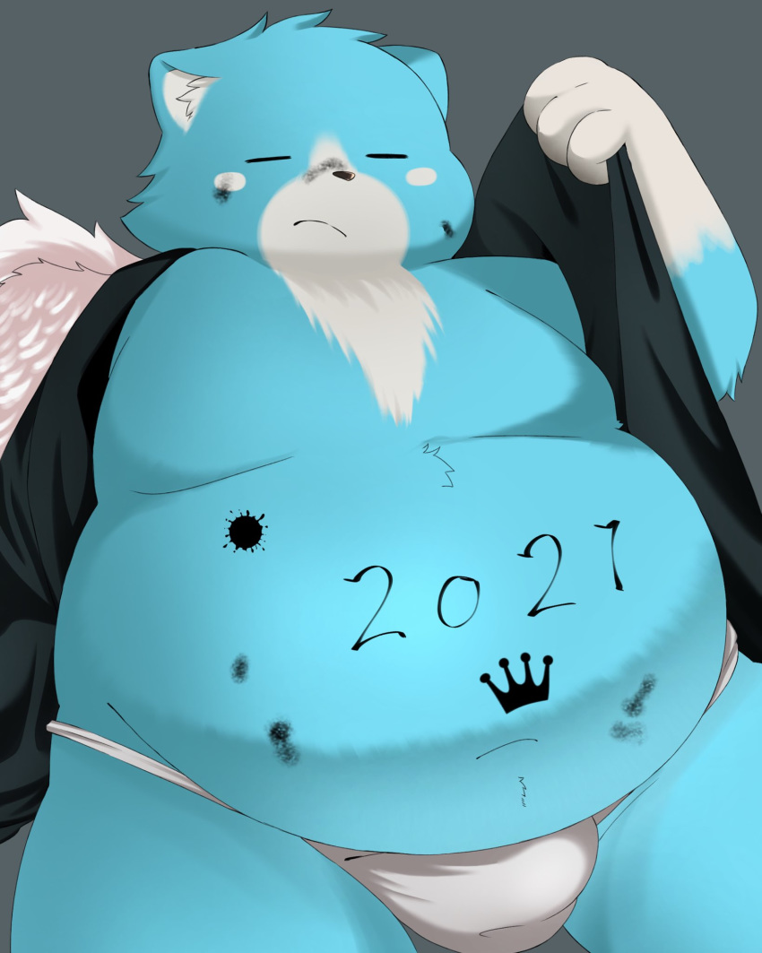 2021 anthro asian_clothing belly black_nose blue_body blue_fur bulge clothing east_asian_clothing eyes_closed fundoshi fur hi_res japanese_clothing kemono male mammal moobs moosh nintendo oracle_of_ages oracle_of_seasons overweight overweight_anthro overweight_male solo the_legend_of_zelda trail_arnak underwear ursid video_games white_body white_fur wings