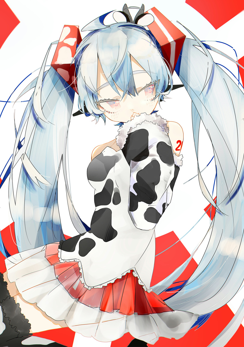 1girl absurdres animal_print aqua_hair bare_shoulders chinese_zodiac commentary covering_mouth cow_print cowboy_shot dress fur-trimmed_sleeves fur_trim hair_ornament hand_to_own_mouth hatsune_miku highres layered_skirt long_hair miniskirt pleated_skirt red_eyes red_skirt shirt shoulder_tattoo sideways_glance skirt sleeveless sleeveless_shirt solo strapless strapless_dress tattoo thighhighs tsurime twintails very_long_hair vocaloid white_shirt wsk_64 year_of_the_ox
