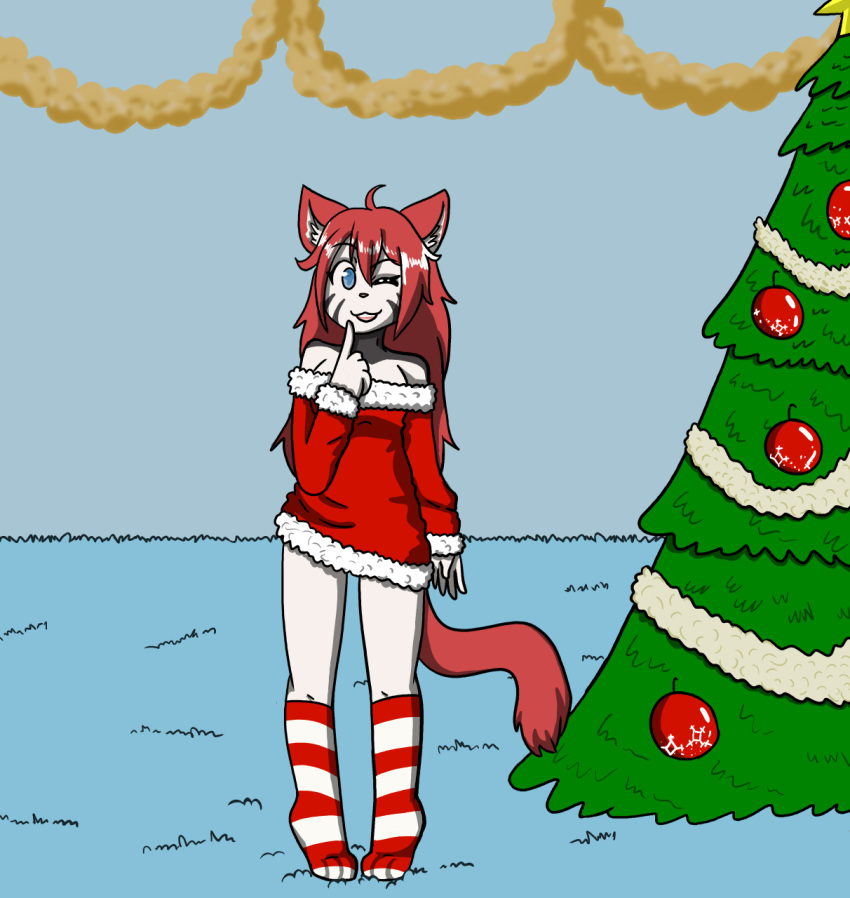 anthro christmas christmas_tree clothed clothing domestic_cat felid feline felis female fiona_(artist) footwear fur hair hi_res holidays mammal off_shoulder one_eye_closed pink_hair plant sarana socks solo tree white_body white_fur wink