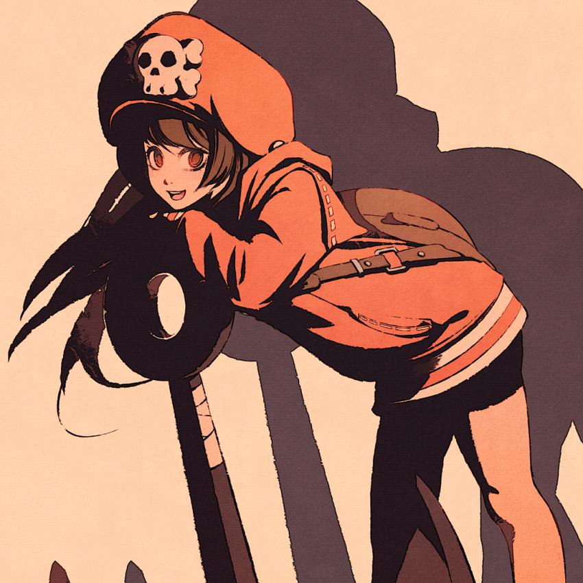 1girl anchor black_shorts brown_bag brown_eyes brown_hair cowboy_shot from_side guilty_gear guilty_gear_strive huge_weapon jacket large_hat leaning_forward leaning_on_object long_hair looking_at_viewer may_(guilty_gear) moshimoshibe nose open_mouth orange_headwear orange_jacket shorts silhouette skull_and_crossbones solo weapon