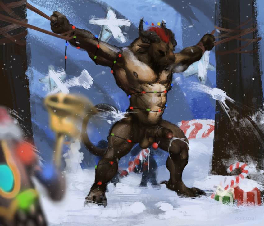 4_ears abs anal anal_penetration anthro balls bell biceps bodily_fluids brown_body brown_fur candy candy_cane charr christmas christmas_lights claws cum cumshot dessert digitigrade ejaculation epic_soul erection felid food foreskin fur genital_fluids genitals gift guild_wars guildwars2 hair holidays horn humanoid_genitalia humanoid_penis male male_penetrated mammal multi_ear muscular muscular_anthro muscular_male nipples nude pecs penetration penis plant raised_tail red_hair rope rytlock_brimstone snow snowball snowman spread_arms spread_legs spreading standing toes tree triceps video_games winter wintersday