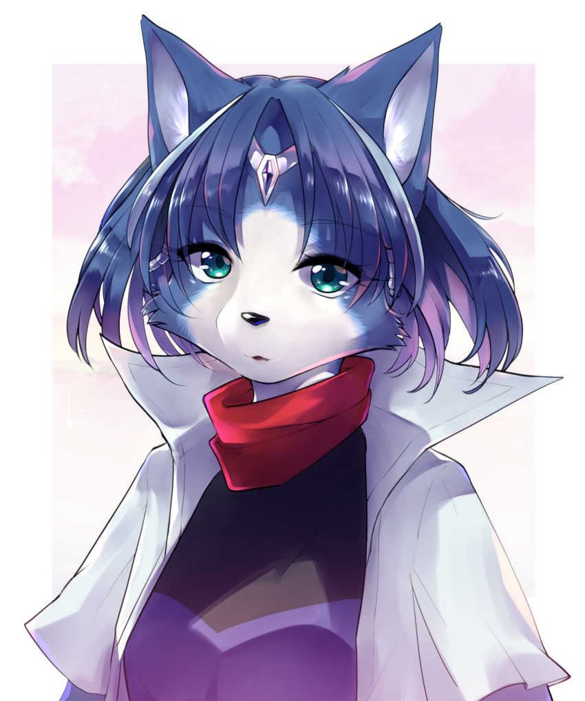 1girl :3 animal_ears animal_nose aqua_eyes bandana bangs blue_fur blue_hair body_fur border breasts circlet commentary_request crystal eyebrows_visible_through_hair fox_ears fox_girl furry gradient gradient_background hair_tubes high_collar highres jacket jpeg_artifacts krystal looking_at_viewer medium_breasts multicolored_hair multicolored_shirt namagaki_yukina open_clothes open_jacket open_mouth outside_border pink_background purple_shirt sapphire_(gemstone) shiny shiny_hair shirt short_hair short_sleeves simple_background snout solo star_fox streaked_hair two-tone_fur two-tone_hair upper_body white_border white_fur white_jacket