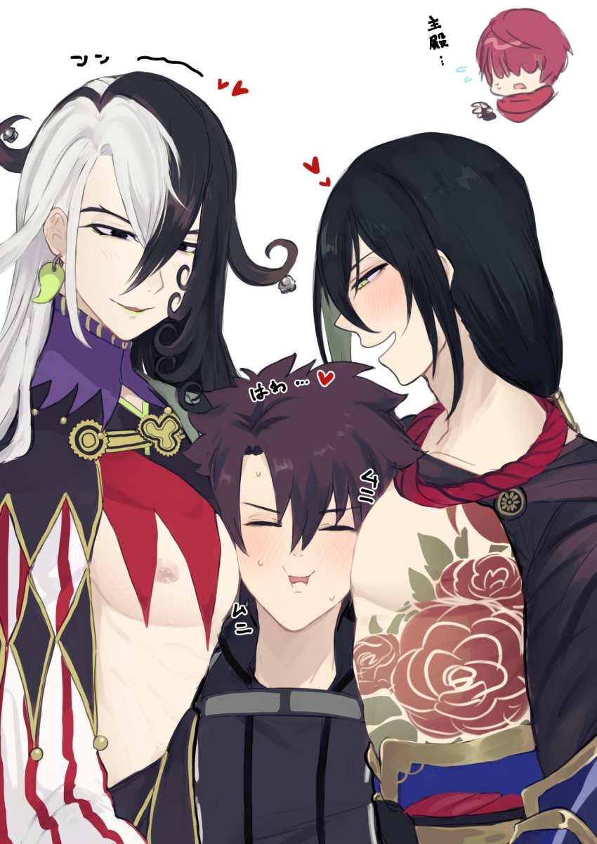 4boys akycoo ashiya_douman_(fate) asymmetrical_clothes asymmetrical_hair bell between_pecs black_eyes black_hair blush boy_sandwich curly_hair earrings fate/grand_order fate_(series) fujimaru_ritsuka_(male) fuuma_kotarou_(fate/grand_order) green_eyeshadow green_kimono green_lipstick hair_bell hair_between_eyes hair_intakes hair_ornament head_between_pecs highres japanese_clothes jewelry kimono lipstick long_hair magatama magatama_earrings makeup male_focus multicolored_hair multiple_boys nipples open_clothes open_kimono pectorals ribbed_sleeves sandwiched toned toned_male two-tone_hair upper_body very_long_hair white_hair yan_qing_(fate/grand_order) yaoi