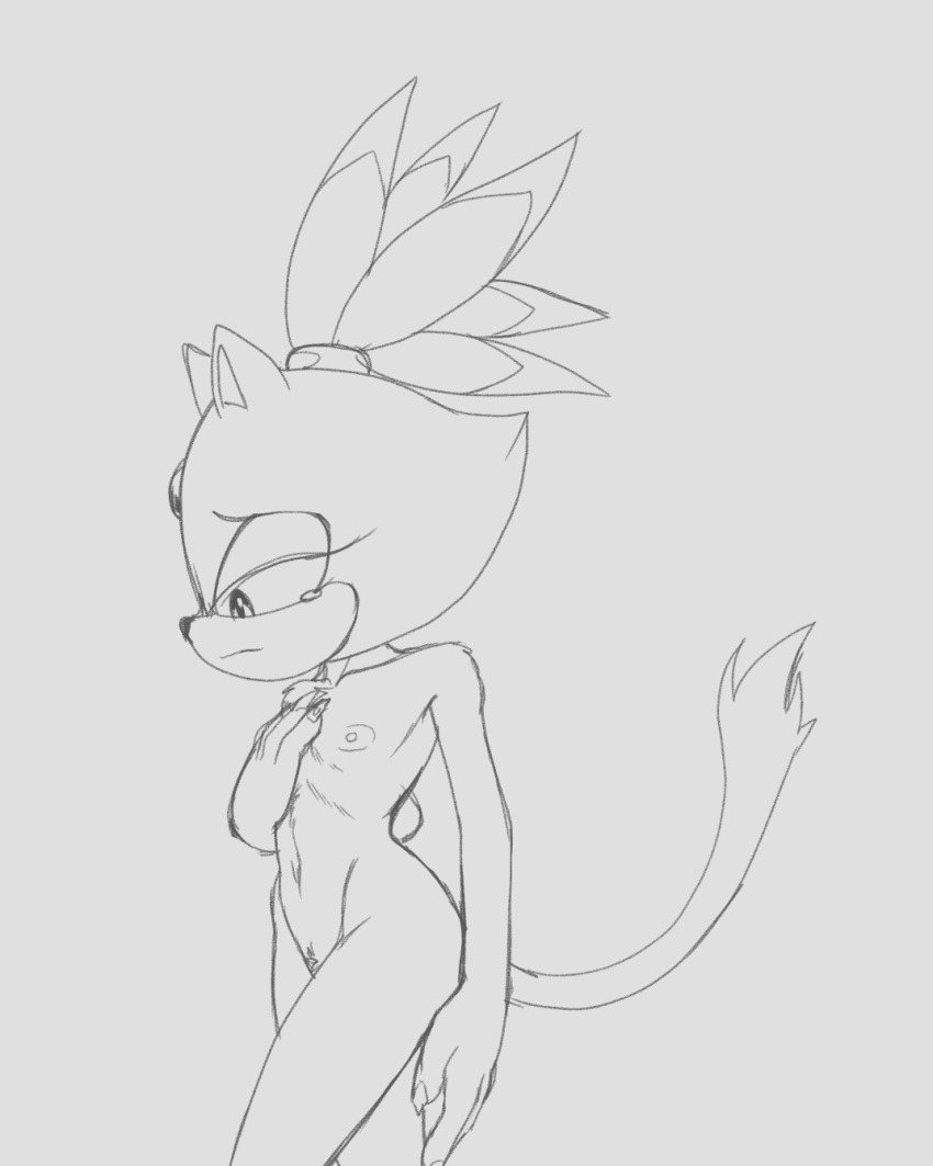 anthro blaze_the_cat bodily_fluids breasts domestic_cat felid feline felis female forehead_gem fours_(artist) hair hand_on_chest hi_res looking_down mammal nipples small_breast_angst small_breasts solo sonic_the_hedgehog_(series) tears tied_hair