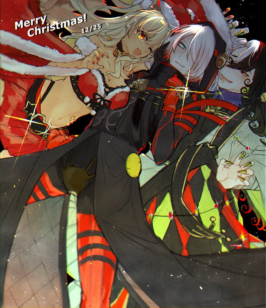 1girl 2boys ashiya_douman_(fate) asymmetrical_clothes asymmetrical_hair bell black_coat black_eyes black_hair brass_knuckles breasts christmas claw_pose cleavage_cutout clothing_cutout coat curly_hair dated earrings eyeshadow fate/grand_order fate_(series) feet_out_of_frame fingernails gloves green_eyes green_kimono green_nails hair_bell hair_between_eyes hair_intakes hair_ornament hair_over_one_eye hat highres hood hood_up japanese_clothes jewelry karna_(fate) karna_(santa)_(fate) kimono long_hair looking_at_viewer magatama magatama_earrings makeup male_focus medium_breasts merry_christmas midriff multicolored_hair multiple_boys nukoshigure one_eye_closed open_clothes open_kimono pale_skin red_gloves ribbed_sleeves santa_costume santa_hat sharp_fingernails sharp_teeth short_hair smile sparkle suzuka_gozen_(fate) suzuka_gozen_(santa)_(fate) teeth two-tone_hair very_long_fingernails very_long_hair weapon white_hair