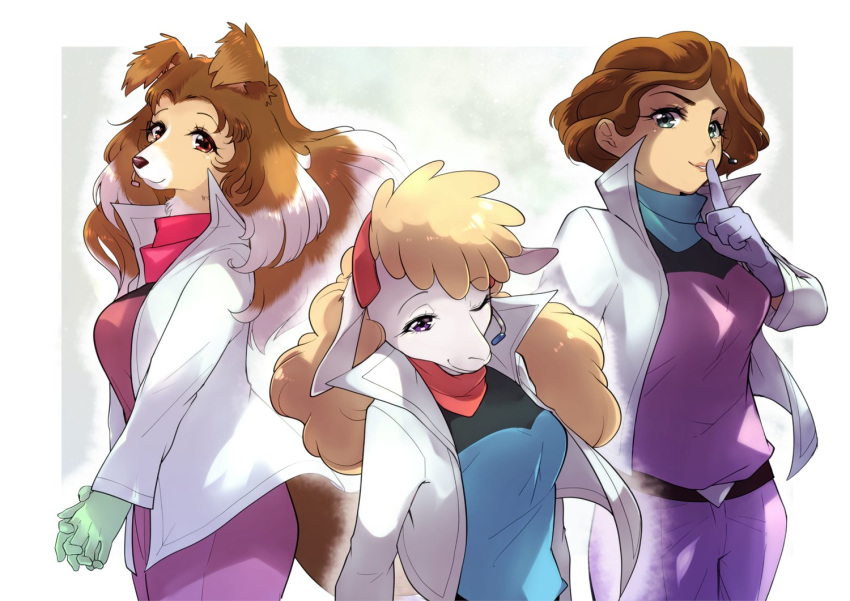 3girls :3 animal_ears animal_nose bandana belt blonde_hair blue_eyes blue_gloves blue_shirt body_fur border breasts brown_eyes brown_fur brown_hair closed_mouth commentary_request cowboy_shot dog_ears dog_girl dog_girl_(star_fox_2_prototype) dog_tail earpiece eyebrows_visible_through_hair finger_to_mouth from_side furry gloves green_background green_gloves hair_intakes half-closed_eye hand_up hands_together happy high_collar index_finger_raised jacket jpeg_artifacts long_hair long_sleeves looking_at_viewer medium_breasts mixed-language_commentary multicolored_hair multicolored_shirt multiple_girls namagaki_yukina one_eye_closed open_clothes open_jacket outline outside_border pants parted_lips pink_pants prototype purple_eyes purple_shirt sheep_ears sheep_girl sheep_girl_(star_fox_2_prototype) shiny shiny_hair shirt short-haired_woman_(star_fox_2_prototype) short_hair shushing simple_background smile snout standing star_fox tail teeth thick_thighs thighs two-tone_fur two-tone_hair upper_body white_border white_fur white_hair white_jacket white_outline