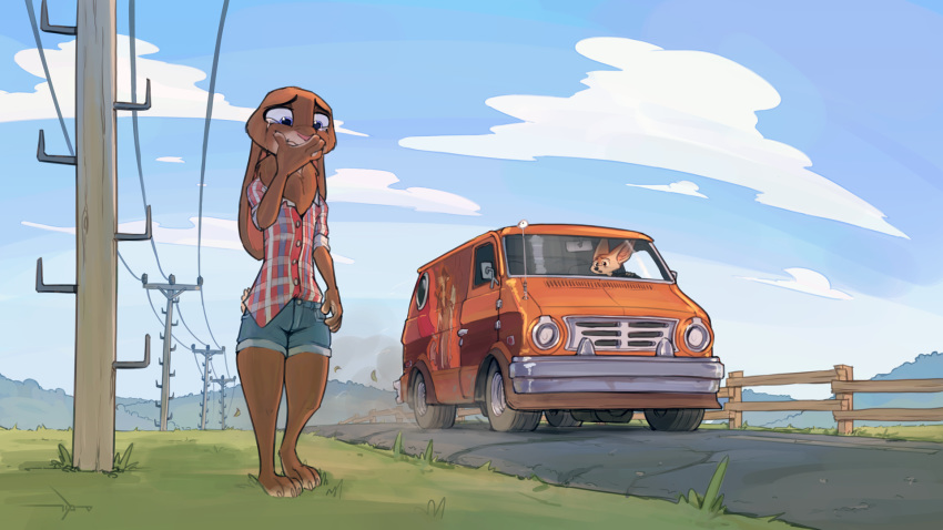 2021 ambiguous_gender anthro barefoot biped blue_eyes blue_sky bodily_fluids bottomwear brown_body brown_fur canid canine clothed clothing cloud covering covering_mouth crying cutoffs denim denim_clothing detailed_background disney driving duo fan_character fence fennec finnick flannel_shirt fox fur grass hi_res lagomorph leporid looking_down mammal medium_truck outside plant rabbit samur_shalem shirt shorts signature sky standing tears topwear truck_(vehicle) van vehicle zootopia