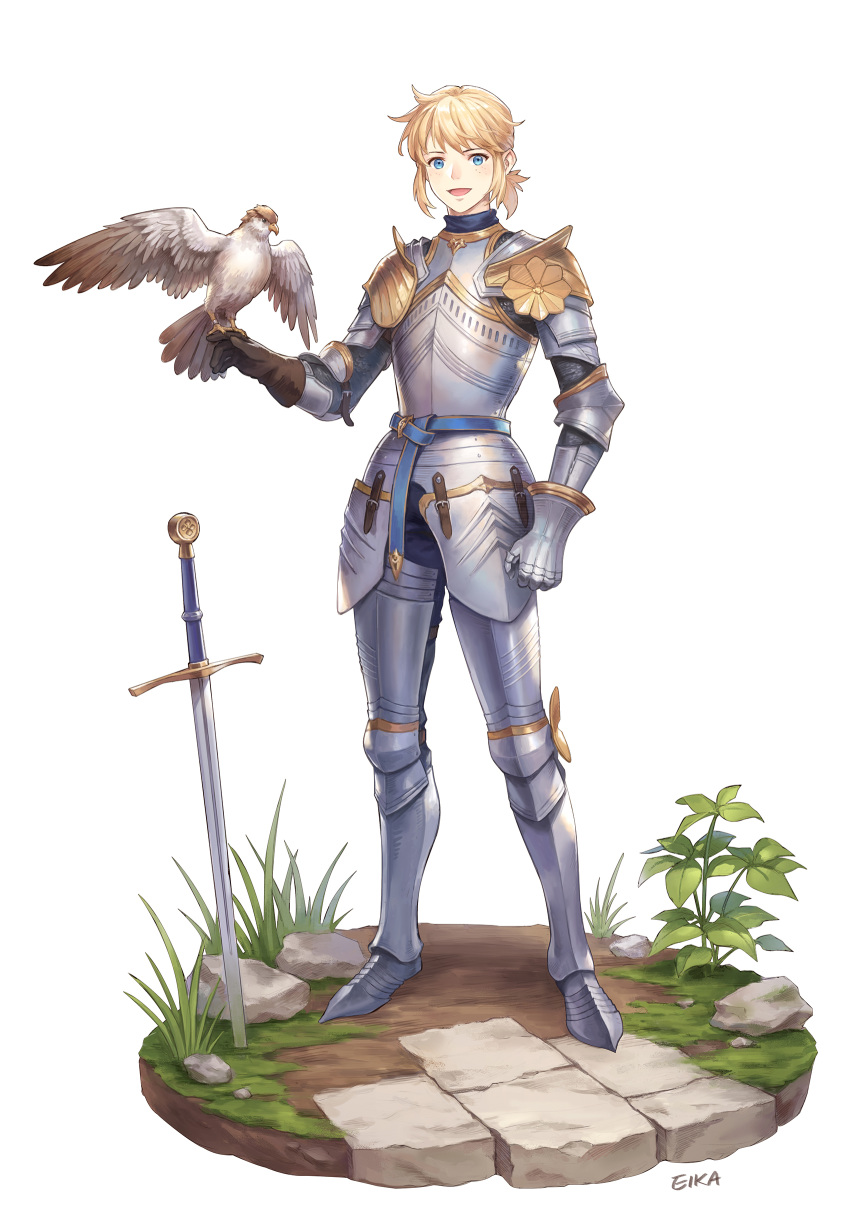 1boy :d absurdres armor asymmetrical_gloves bird bishounen blonde_hair blue_eyes breastplate chainmail eika127 english_commentary falcon falconry faulds full_body gauntlets gloves greaves highres knight leather leather_gloves looking_at_viewer medieval open_mouth original plant planted_sword planted_weapon plate_armor sabaton shoulder_armor signature smile solo standing sword weapon white_background