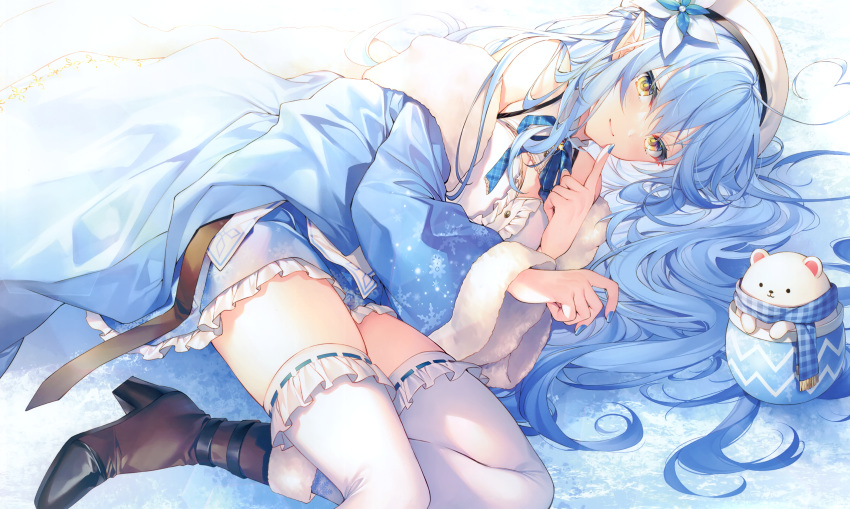 blue_hair cropped hat hololive long_hair pointed_ears scan thighhighs toosaka_asagi yellow_eyes yukihana_lamy zettai_ryouiki