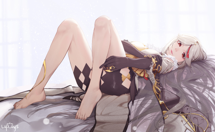 1girl absurdres bangs barefoot bed_sheet black_shorts breasts detached_sleeves dress feet frilled_sleeves frills full_body fur_trim genshin_impact gloves hair_ornament hand_on_own_arm highres large_breasts legs lips long_hair looking_at_viewer lufi_ays lying ningguang on_back parted_bangs red_eyes shorts simple_background solo toes white_background white_dress