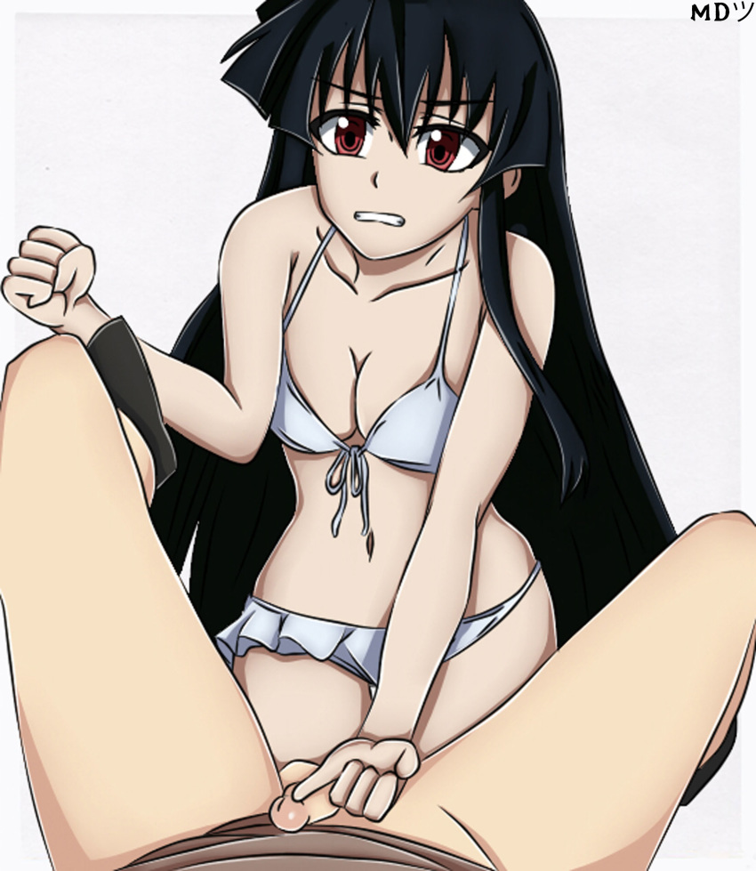 1boy 1girl akame akame_ga_kill! angry bikini bikini_bottom bikini_top black_hair brown_shirt clenched_teeth dark_skin femdom highres humiliation long_hair looking_at_another md5_mismatch mdtsu nude penis red_eyes self_upload shirt small_penis small_penis_humiliation socks spread_legs swimsuit teeth watermark white_bikini