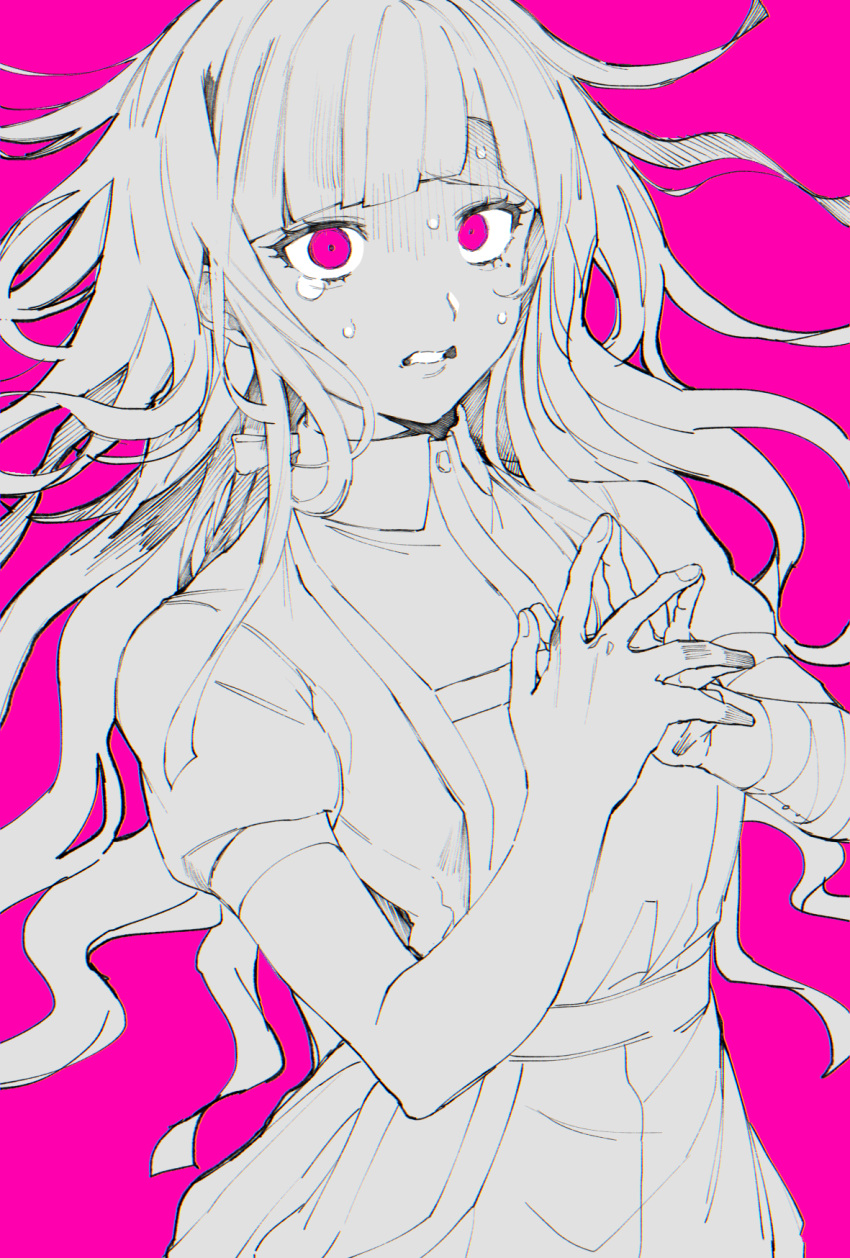 1girl apron bandages bangs commentary_request crying crying_with_eyes_open danganronpa_(series) danganronpa_2:_goodbye_despair floating_hair highres limited_palette long_hair looking_at_viewer messy_hair mole mole_under_eye monochrome nurse own_hands_together pink_background pink_eyes puffy_short_sleeves puffy_sleeves shaded_face short_sleeves simple_background solo suzumetarou tears teeth tsumiki_mikan