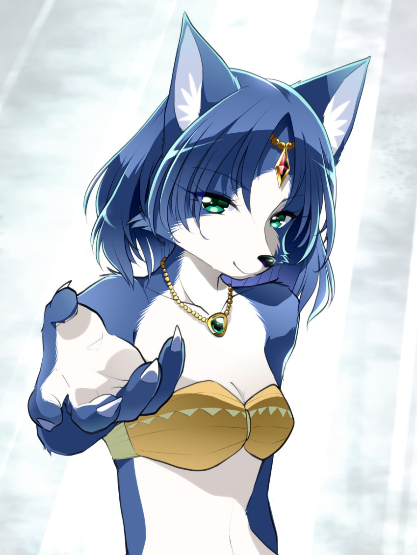 1girl :3 animal_ear_fluff animal_ears animal_nose aqua_eyes arm_up bandeau bangs bare_shoulders blue_background blue_fur blue_hair body_fur breasts circlet claws cleavage closed_mouth collarbone commentary_request crystal emerald_(gemstone) eyebrows_visible_through_hair fox_ears fox_girl furry gem gold happy highres jewelry jpeg_artifacts krystal light_rays looking_at_viewer mixed-language_commentary namagaki_yukina navel necklace reaching_out ruby_(gemstone) shiny shiny_hair short_hair simple_background small_breasts smile snout solo standing star_fox stomach tribal two-tone_fur upper_body white_fur