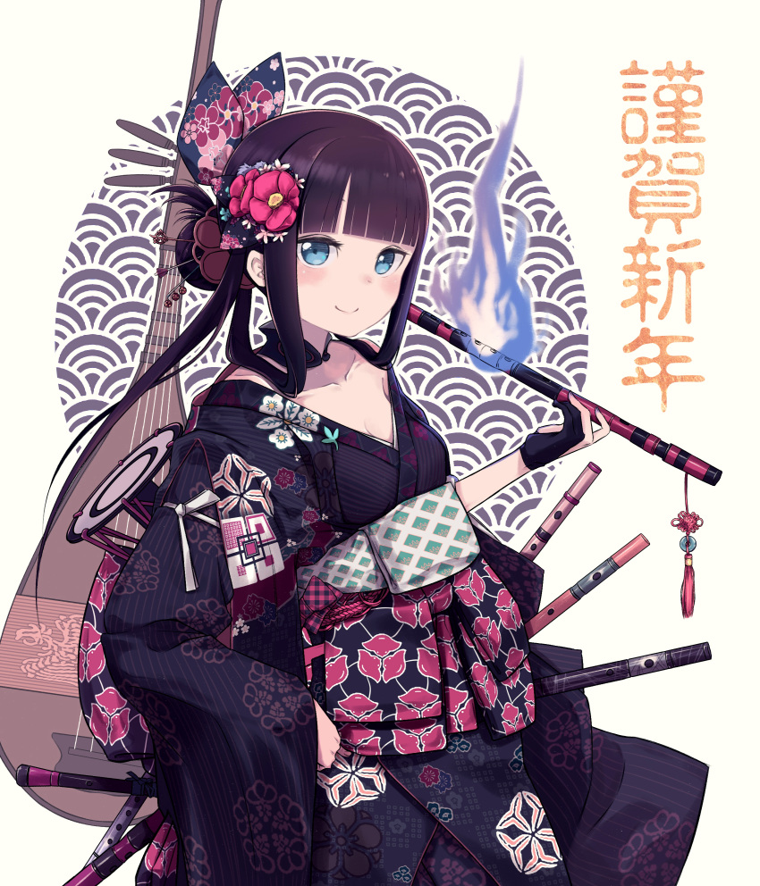 1girl absurdres bangs blue_eyes blue_fire blunt_bangs blush breasts daisi_gi fate/grand_order fate_(series) fire flute highres instrument japanese_clothes kimono long_hair long_sleeves looking_at_viewer medium_breasts obi off_shoulder pipa_(instrument) purple_hair purple_kimono sash sidelocks smile very_long_hair wide_sleeves yang_guifei_(fate/grand_order)