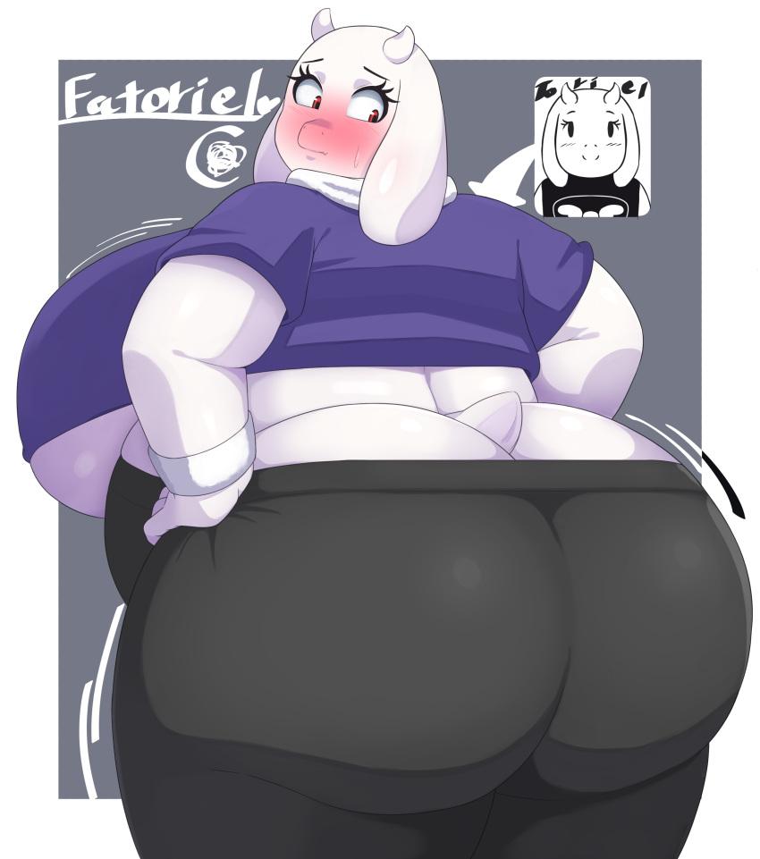 &lt;3 2020 absurd_res anthro belly big_breasts big_butt black_bottomwear black_clothing blush bodily_fluids boss_monster bottomwear bovid braffy breasts butt caprine clothed clothing curvy_figure embarrassed female floppy_ears fur hands_on_hips hi_res horn huge_breasts huge_butt huge_thighs hyper hyper_breasts leggings legwear long_ears looking_back mammal mature_anthro mature_female motion_lines obese obese_anthro obese_female overweight overweight_anthro overweight_female pants red_eyes solo standing sweat sweatdrop text thick_thighs tight_clothing toriel under_boob undertale video_games voluptuous white_body white_fur wide_hips wristband yoga_pants