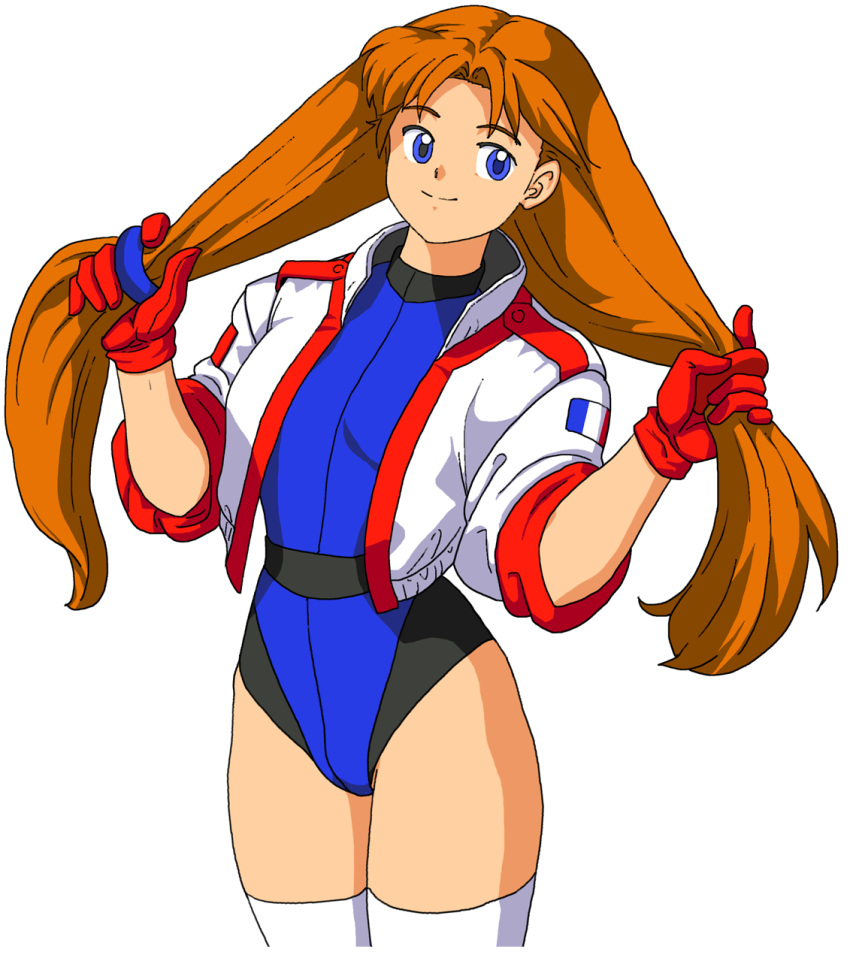 1girl arms_up belt blue_eyes blue_leotard brown_hair bunching_hair commentary_request cropped_jacket french_flag gloves highres jacket leotard long_hair namco numan_athletics oggy red_gloves retro_artstyle sharon_les_halles simple_background smile solo thighhighs thighs twintails very_long_hair white_background white_jacket white_legwear
