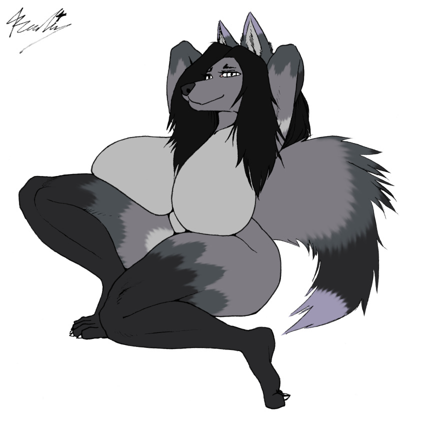 absurd_res anthro big_breasts black_hair breast_squish breasts canid canine dipstick_ears dipstick_tail featureless_breasts female fur grey_body grey_fur hair hands_behind_head hi_res huge_breasts looking_at_viewer mammal multicolored_body multicolored_ears multicolored_fur multicolored_tail nude raised_arms realius simple_background sitting solo squish thick_thighs