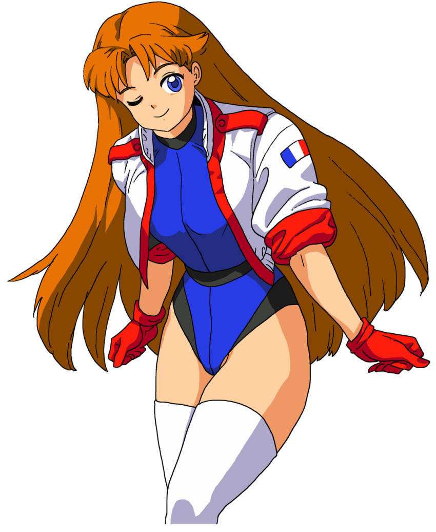 1girl belt blue_eyes blue_leotard brown_hair commentary_request cropped_jacket french_flag gloves highres jacket leotard long_hair namco numan_athletics oggy one_eye_closed red_gloves retro_artstyle sharon_les_halles simple_background smile solo thighhighs thighs very_long_hair white_background white_jacket white_legwear