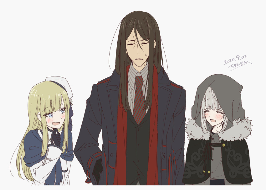 1boy 2girls :d bangs black_capelet black_hair black_jacket blonde_hair blue_capelet blue_eyes blush capelet chiri_to_mato closed_eyes commentary_request cowboy_shot dated diagonal-striped_neckwear diagonal_stripes eyebrows_visible_through_hair fate_(series) formal fur_trim gloves gray_(lord_el-melloi_ii) grey_hair hand_on_hip highres hood hood_up jacket long_hair long_sleeves looking_at_another lord_el-melloi_ii lord_el-melloi_ii_case_files multiple_girls necktie open_mouth red_scarf reines_el-melloi_archisorte scarf signature simple_background smile striped striped_neckwear sweatdrop upper_body waver_velvet white_background white_headwear