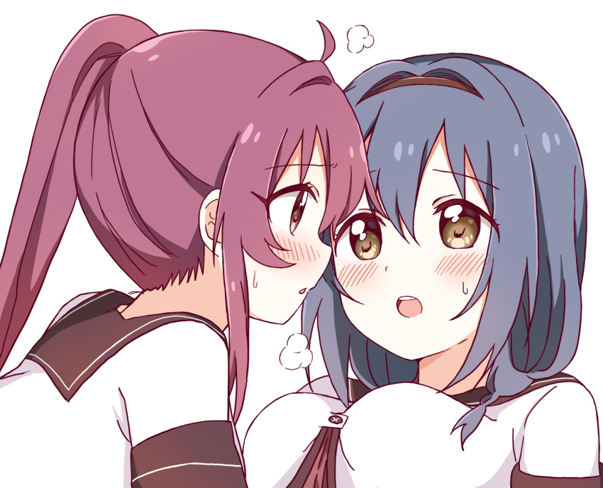 2girls bangs black_hairband blue_hair blush braid breasts breath brown_eyes brown_sailor_collar commentary_request eye_contact eyebrows_visible_through_hair furutani_himawari hair_between_eyes hairband highres large_breasts long_hair looking_at_another medium_hair mesushio multiple_girls nanamori_school_uniform open_mouth ponytail purple_eyes purple_hair sailor_collar school_uniform serafuku shirt simple_background sugiura_ayano sweatdrop twin_braids upper_teeth white_background white_shirt yuri yuru_yuri