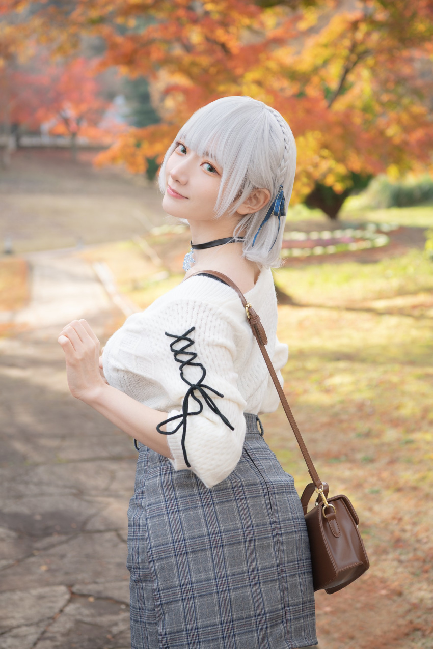 1girl absurdres autumn bag black_choker blurry blurry_background braid breasts choker cosplay crown_braid hair_behind_ear handbag highres hololive large_breasts looking_at_viewer looking_back photo_(medium) plaid plaid_skirt shirogane_noel shirogane_noel_(cosplay) skirt smile solo sweater sweater_tucked_in totomi_o_kanjite_sakurai virtual_youtuber white_hair