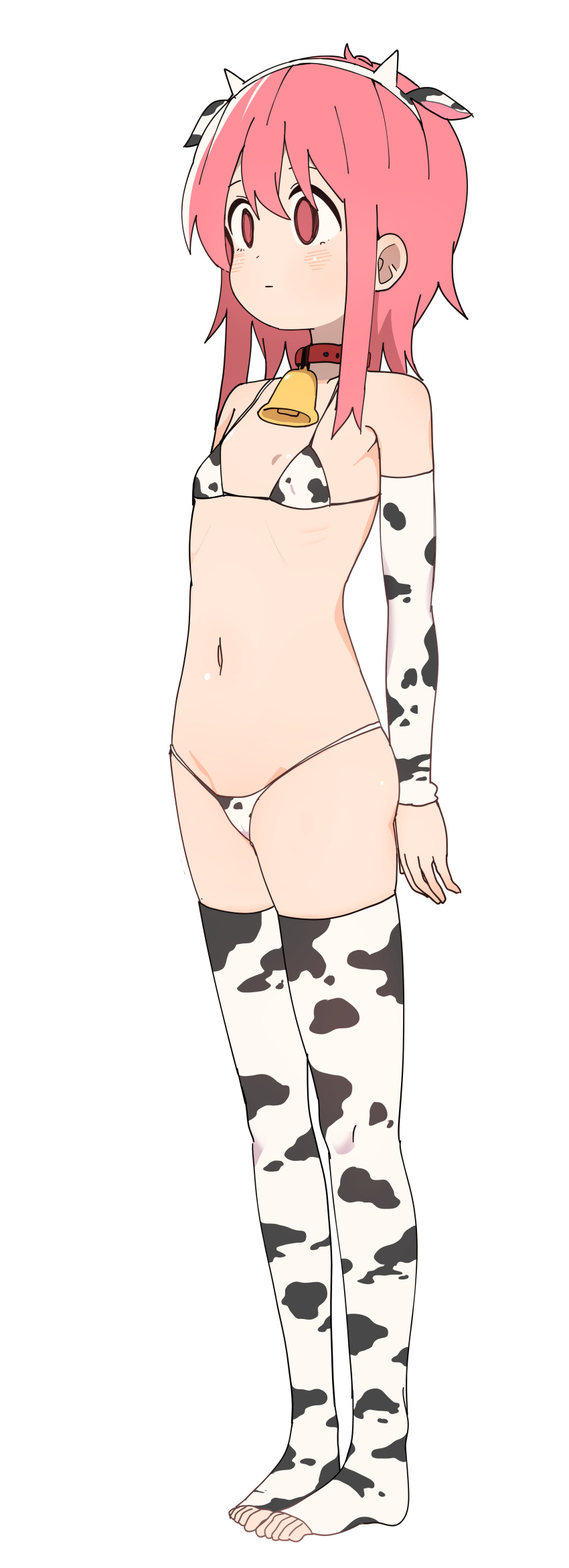 1girl absurdres animal_print bell bell_collar bikini blush bural_chingu collar cow_print elbow_sleeve empty_eyes english_text expressionless highres lee_ji-eun luke_(dydansgur) navel short_hair short_hair_with_long_locks sidelocks simple_background spats_(footwear) swimsuit thighhighs white_background