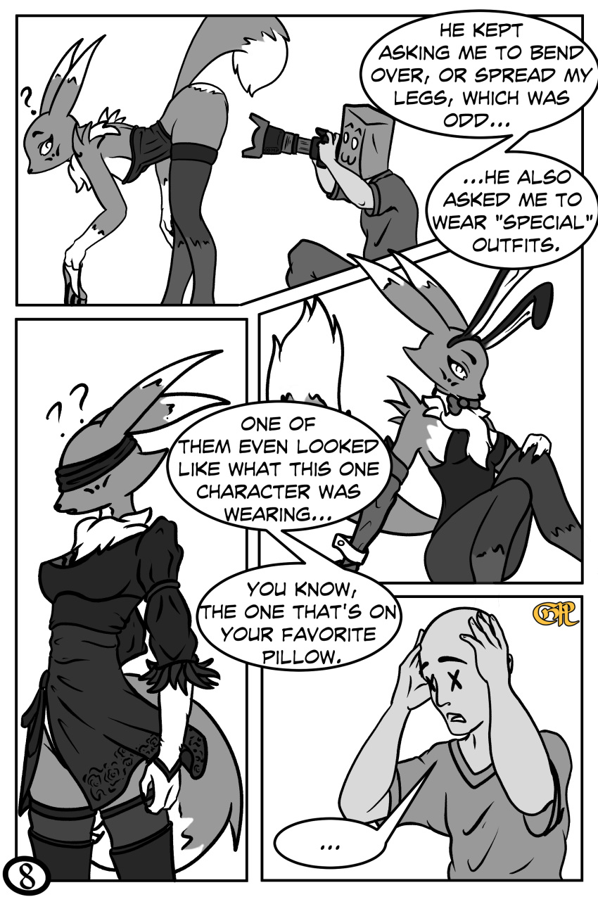 2:3 2b absurd_res anthro bent_over bunny_costume clothed clothing comic corset cosplay costume couldnotparseline digimon digimon_(species) duo english_text female hi_res human legwear lingerie looking_at_another male male/female mammal nier_automata partially_clothed peeping photographer renamon stockings text topwear voyeur