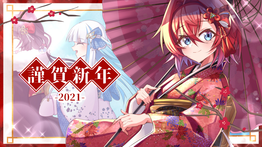 2021 3girls ^_^ absurdres alternate_costume ange_katrina bangs blue_hair blunt_bangs branch brown_hair closed_eyes colored_inner_hair eyebrows_visible_through_hair floating_hair flower happy_new_year highres holding holding_umbrella inui_toko japanese_clothes kimono lize_helesta looking_at_viewer multicolored_hair multiple_girls new_year nijisanji obi open_mouth papa-kun_(destiny549-2) red_flower red_hair sash smile solo_focus twintails umbrella virtual_youtuber white_hair yukata