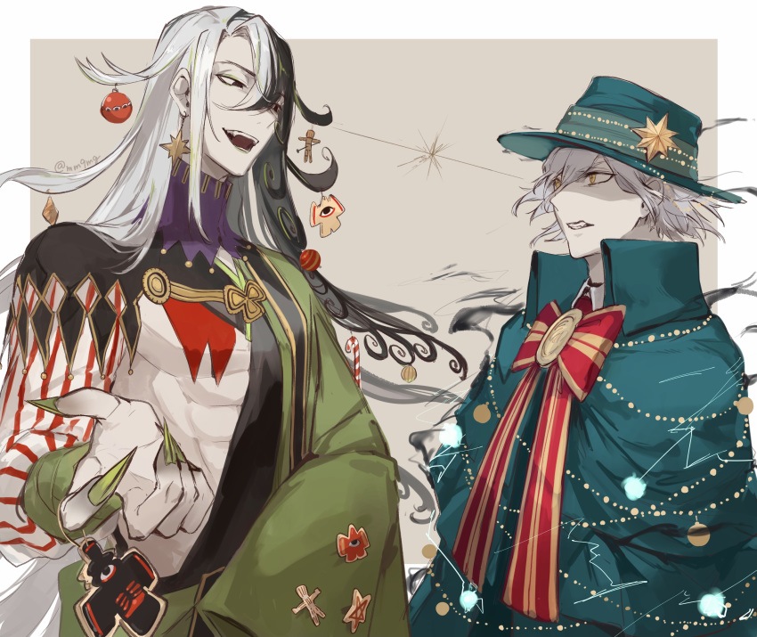 2boys absurdres ashiya_douman_(fate) asymmetrical_clothes asymmetrical_hair bell black_eyes black_hair cape christmas christmas_ornaments curly_hair earrings edmond_dantes_(fate/grand_order) eye_contact fate/grand_order fate_(series) fedora fingernails green_eyeshadow green_kimono green_lipstick green_nails hair_bell hair_between_eyes hair_intakes hair_ornament hat highres japanese_clothes jewelry kimono lipstick long_hair looking_at_another magatama magatama_earrings makeup male_focus mg_(ehme3725) multicolored_hair multiple_boys open_clothes open_kimono open_mouth pectorals ribbed_sleeves sharp_fingernails shikigami silver_hair simple_background toned toned_male two-tone_hair upper_body very_long_fingernails very_long_hair white_hair yellow_eyes