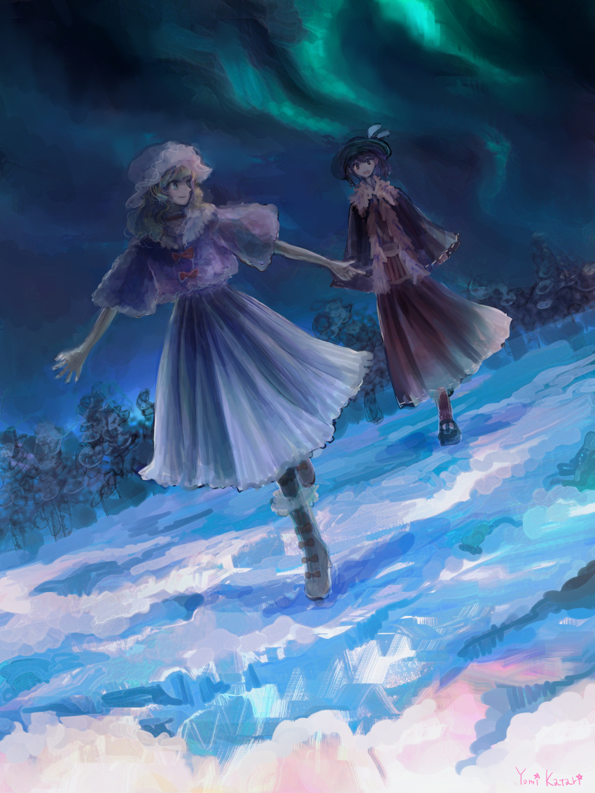 2girls absurdres aurora black_footwear blonde_hair boots brown_hair brown_skirt capelet dress full_body fur_trim hat highres katari looking_at_another maribel_hearn mob_cap multiple_girls night open_mouth outstretched_arms purple_dress short_sleeves sketch skirt smile snow spread_arms standing touhou tree usami_renko walking