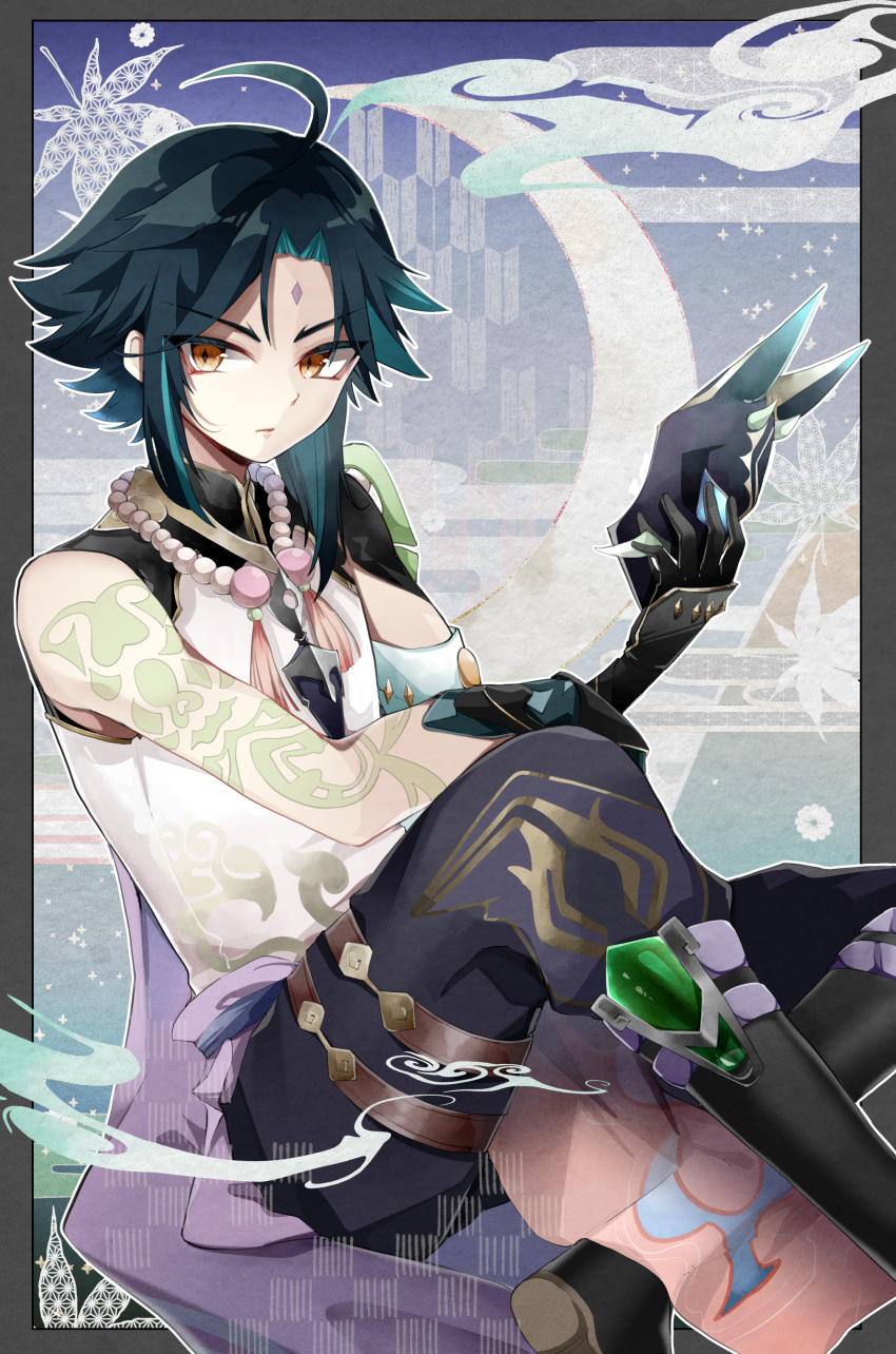 1boy absurdres arm_tattoo armor asymmetrical_clothes bangs bead_necklace beads black_hair closed_mouth genshin_impact gloves green_hair highres huge_filesize jewelry looking_at_viewer male_focus multicolored_hair multiple_tails necklace shoulder_armor solo tail tassel tattoo two_tails usako1031 vision_(genshin_impact) xiao_(genshin_impact) yellow_eyes