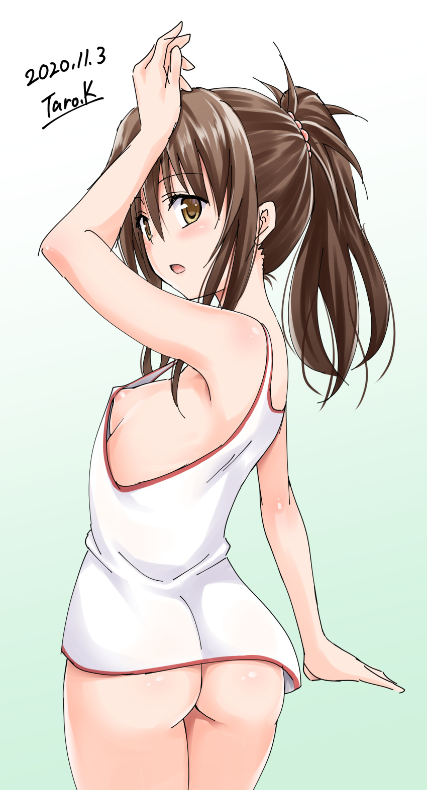 1girl absurdres areola_slip areolae arm_up ass backboob bare_shoulders blush bottomless breasts brown_hair covered_nipples cowboy_shot from_behind hand_on_own_head highres kasukabe_tarou long_hair looking_at_viewer looking_back no_bra no_panties open_mouth ponytail solo tank_top to_love-ru white_tank_top yellow_eyes yuuki_mikan