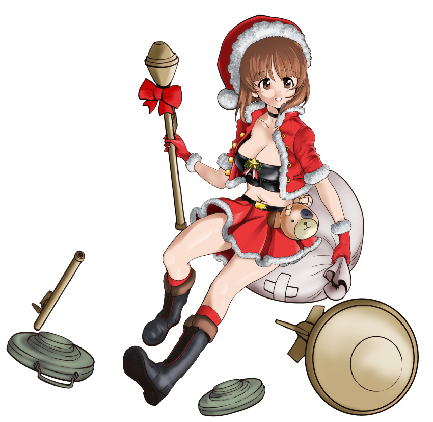 1girl absurdres alternate_costume bangs belt black_belt black_choker black_footwear boko_(girls_und_panzer) bomb boots bow brown_eyes brown_hair choker christmas combat_boots crop_top cross-laced_footwear explosive eyebrows_visible_through_hair floating foreshortening fur-trimmed_jacket fur_trim girls_und_panzer gloves gradient grey_legwear hat highres holding holding_sack holding_weapon jacket lace-up_boots medium_hair midriff mine_(weapon) miniskirt navel nishizumi_miho open_mouth panzerfaust pink_bow pleated_skirt red_gloves red_headwear red_jacket red_legwear red_shirt red_skirt revision sack santa_costume santa_gloves santa_hat shirt short_hair short_sleeves simple_background skirt smile socks solo star_ornament sweatdrop weapon white_background yoyokkun
