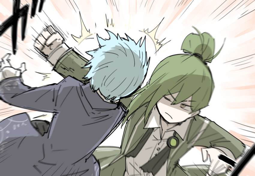 1boy 1girl angela_(lobotomy_corporation) aqua_hair blue_coat brooch buttons clenched_hand coat collared_shirt commentary_request green_coat green_hair hair_between_eyes hair_bun jewelry kan_(aaaaari35) lariat library_of_ruina long_coat long_sleeves medium_hair motion_blur motion_lines netzach_(lobotomy_corporation) one_eye_closed one_side_up open_clothes open_coat ribbon shaded_face shirt short_hair tied_hair untied white_shirt yellow_eyes