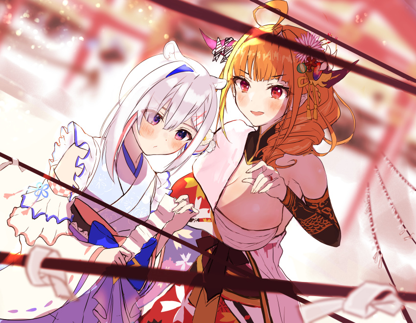 2girls absurdres ahoge amane_kanata animal_ears blurry blurry_background blurry_foreground bow breasts cleavage couple day depth_of_field detached_collar detached_sleeves dragon_horns dragon_print drill_hair dutch_angle eyelashes hatsumoude highres hololive horn_bow horns huge_breasts japanese_clothes jewelry kimono kiryuu_coco long_hair mugiusagi multicolored_hair multiple_girls off_shoulder omikuji orange_hair outdoors pointy_ears purple_eyes reading ring sarashi shrine side_drill side_ponytail sidelocks silver_hair small_breasts streaked_hair tsurime virtual_youtuber wide_sleeves yukata yuri