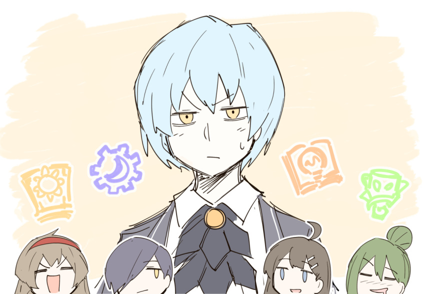 2boys 3girls ahoge angela_(lobotomy_corporation) aqua_hair blue_coat blue_eyes brooch brown_hair closed_eyes coat collared_shirt commentary_request drooling green_hair hair_between_eyes hair_bun hair_ornament hair_over_one_eye hairband hairclip hod_(lobotomy_corporation) jewelry kan_(aaaaari35) library_of_ruina malkuth_(lobotomy_corporation) multiple_boys multiple_girls netzach_(lobotomy_corporation) open_mouth purple_hair red_hairband ribbon saliva shirt short_hair simple_background sweatdrop v-shaped_eyebrows white_shirt yellow_background yellow_eyes yesod_(lobotomy_corporation)