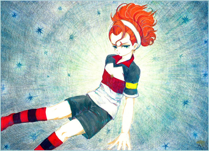 1boy black_eyes black_shorts feet_out_of_frame hiyodoribbon inazuma_eleven_(series) inazuma_eleven_go kita_ichiban multicolored_shirt red_hair short_sleeves shorts socks solo striped striped_legwear traditional_media