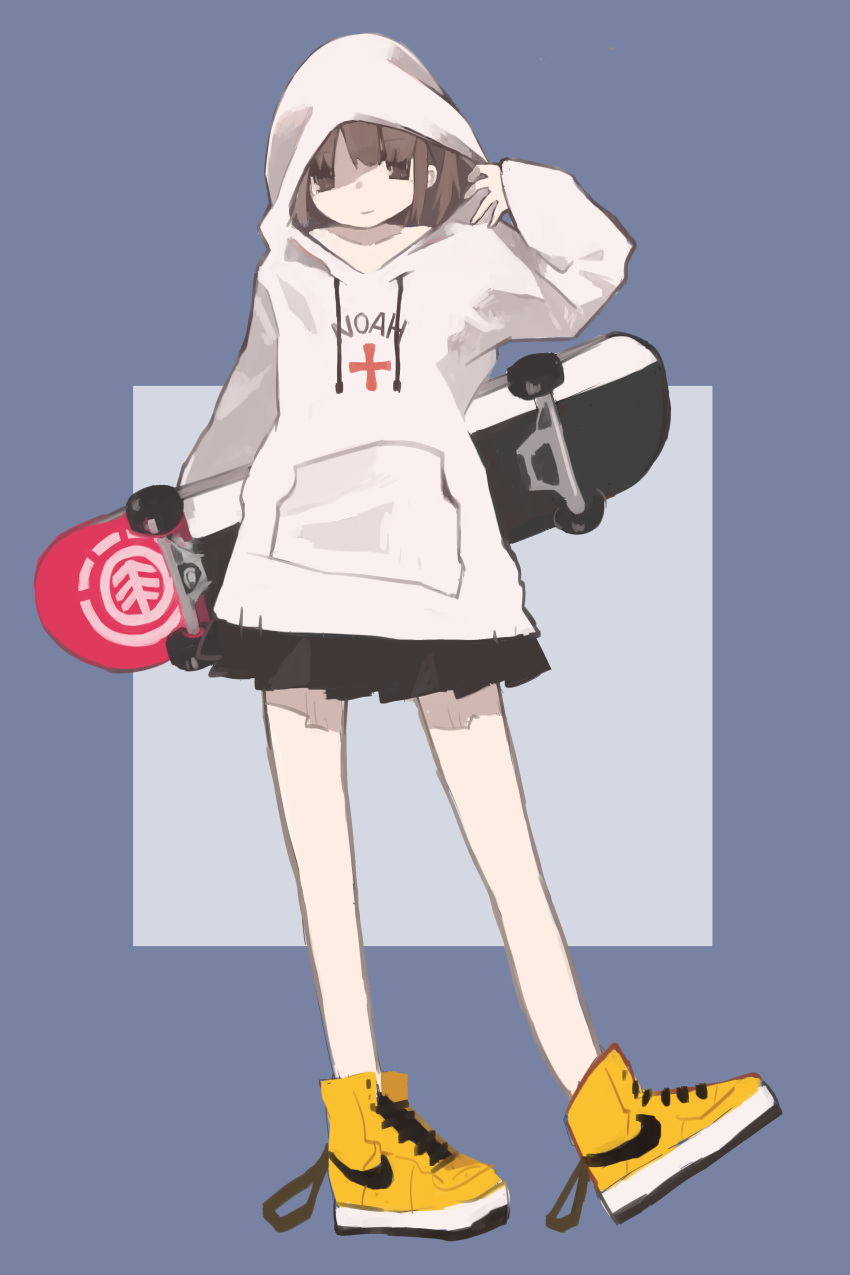 1girl absurdres brown_eyes brown_hair highres holding_skateboard hood hood_up hoodie long_sleeves natsu-no-kamisama original shoes short_hair skateboard smile solo square white_hoodie yellow_footwear