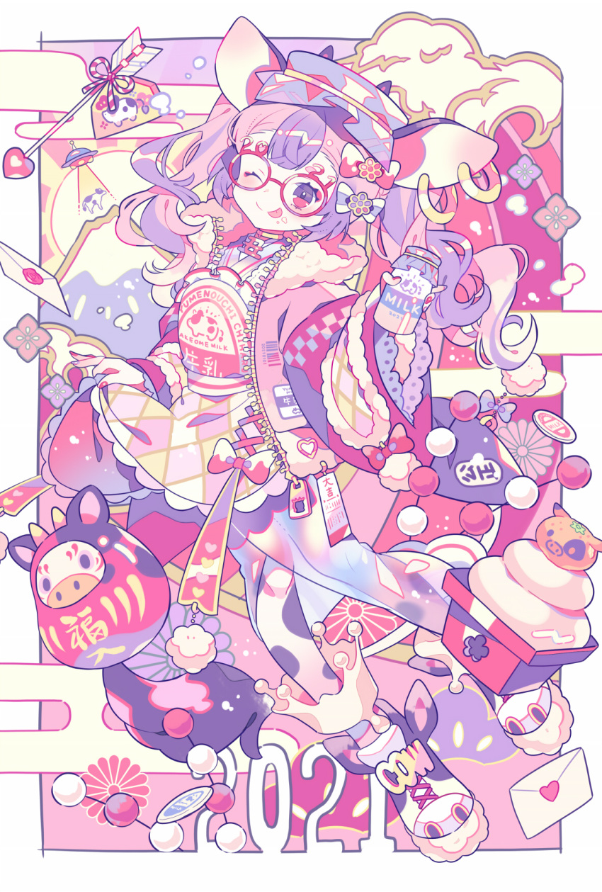 1girl 2021 ;p animal_ears arrow_(projectile) barcode bottle bow choker commentary_request cow_ears daruma_doll drink earrings egasumi ema envelope full_body glasses hair_bow hat highres holding holding_drink horns jewelry kagami_mochi kikumon layered_clothing medium_hair milk milk_bottle mountain multicolored_hair nail_polish new_year number_glasses one_eye_closed original short_twintails solo tagme tongue tongue_out twintails ufo yumenouchi_chiharu