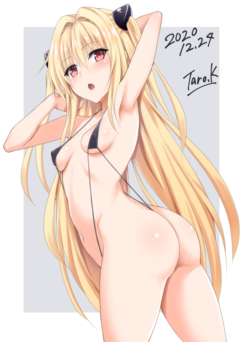 1girl absurdres arm_behind_head armpits arms_up ass bikini black_bikini blonde_hair blush breasts commentary_request covered_nipples cowboy_shot from_behind from_side hair_between_eyes headgear highres kasukabe_tarou konjiki_no_yami long_hair looking_at_viewer looking_back medium_breasts micro_bikini navel open_mouth red_eyes skin_tight small_breasts solo swimsuit thighs to_love-ru to_love-ru_darkness undersized_clothes very_long_hair