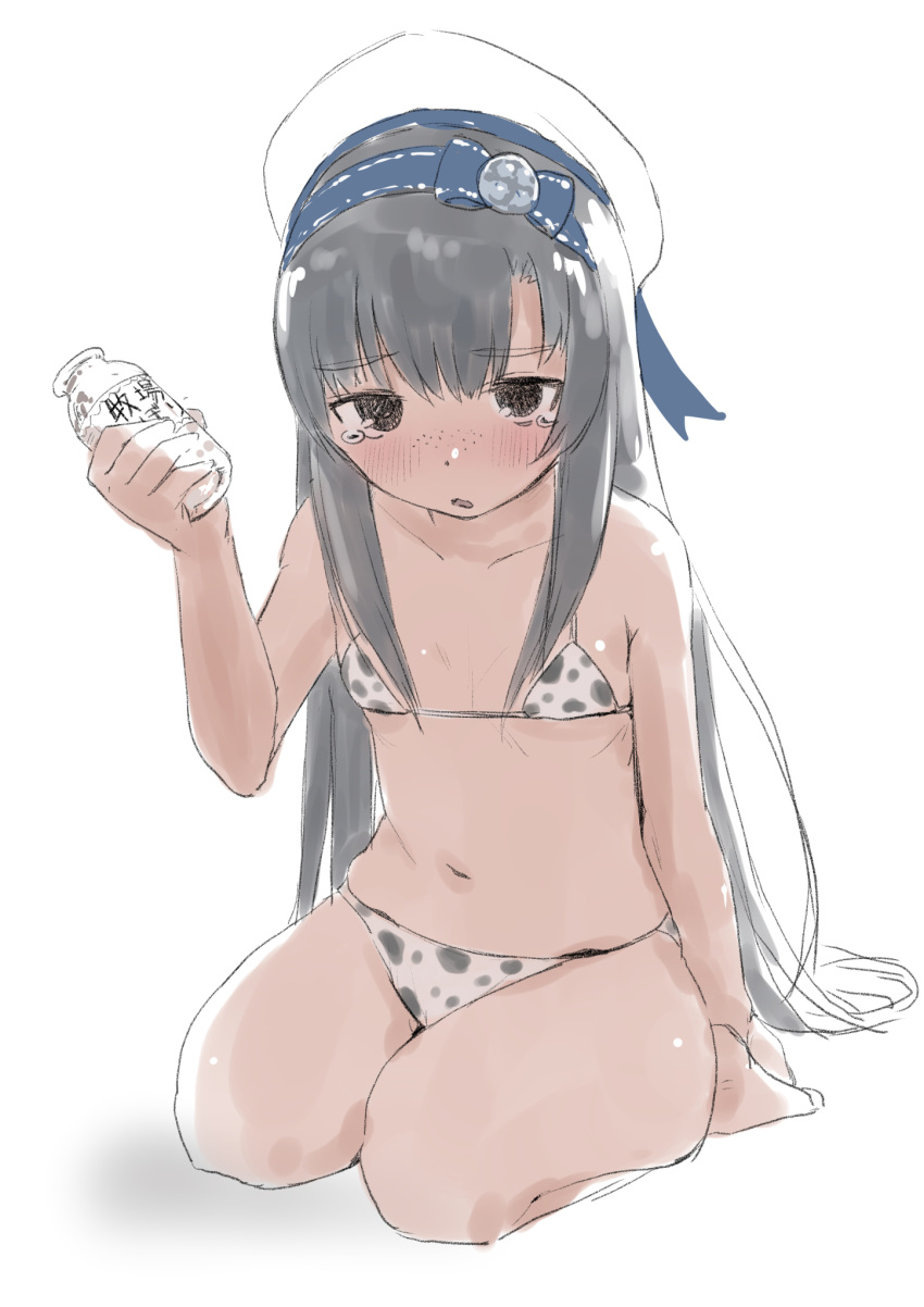 1girl animal_print bikini black_eyes black_hair blue_hairband bottle cow_print flat_chest hairband hat highres kantai_collection long_hair matsuwa_(kantai_collection) milk_bottle sailor_hat sakieko seiza simple_background sitting solo swimsuit white_background white_bikini white_headwear