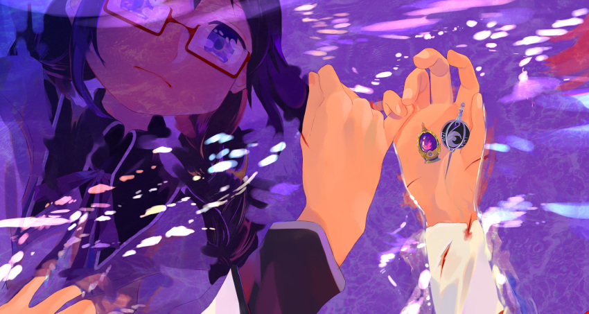 2girls absurdres akemi_homura arm_support black_hair blood bloody_clothes braid closed_mouth commentary_request cuts eyebrows_visible_through_hair fingernails from_above glasses grief_seed half-closed_eyes hand_rest hands high_collar highres holding_hands injury interlocked_fingers jitome kaname_madoka long_sleeves looking_afar looking_at_another looking_down mahou_shoujo_madoka_magica multiple_girls neck_ribbon out_of_frame palms partially_submerged pink_eyes pinky_swear pov purple_eyes purple_neckwear purple_ribbon red-framed_eyewear reflection reflective_water ribbon sad sate_(ryu_ryu_1212m) semi-rimless_eyewear soaking_hands soul_gem twin_braids under-rim_eyewear water water_surface