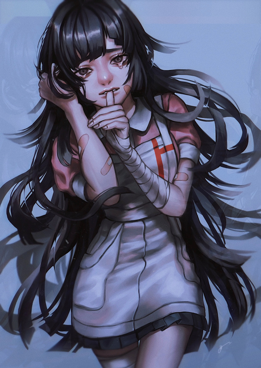 1girl apron bandaged_arm bandaged_hand bandaged_leg bandages bandaid bandaid_on_arm bandaid_on_cheek bangs black_hair blue_background blunt_bangs commentary_request cowboy_shot crying crying_with_eyes_open danganronpa_(series) danganronpa_2:_goodbye_despair hand_in_hair hands_up highres k041800 long_hair looking_at_viewer mole mole_under_eye open_mouth pink_shirt pleated_skirt puffy_short_sleeves puffy_sleeves purple_eyes purple_hair shirt short_sleeves signature simple_background skirt solo tears thumb_to_mouth tsumiki_mikan white_apron